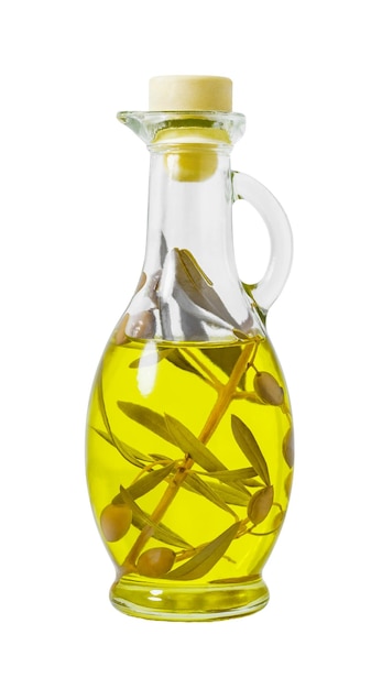 Olive oil in oval bottle with branch and olives fruits isolated on white background with clipping path full depth of field