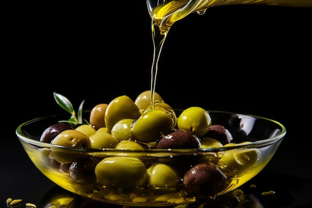 olive oil poured over fresh olives on a black background generated by ai