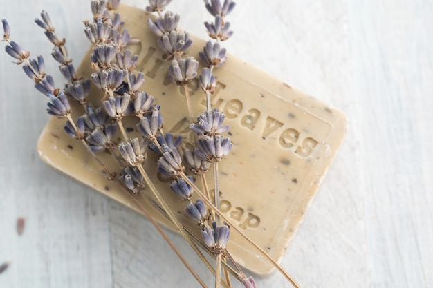 Olive oil soap with lavender and sea salt. SPA and relaxation concept. 