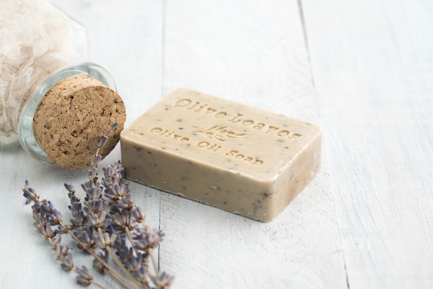 Olive oil soap with lavender and sea salt. SPA and relaxation concept.