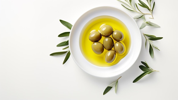 Olive oil on a white plate with olive and olive leaves