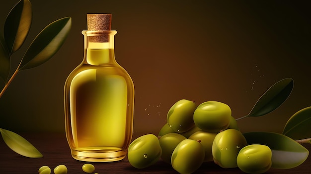 Olive oil with olive tree branch background Generative Ai