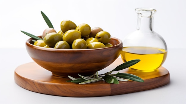 Olive oil in a wooden bowl on a white background with olives and leaves