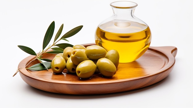 Olive oil in a wooden bowl on a white background with olives and leaves