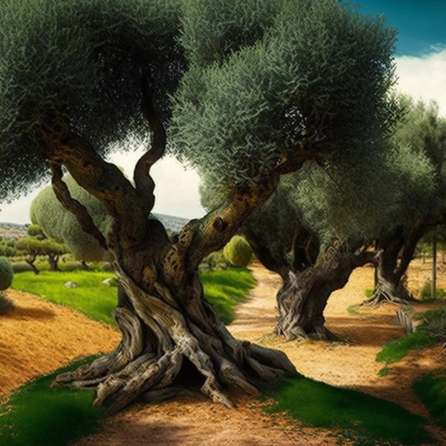 Olive plantation with old olive trees in Italy