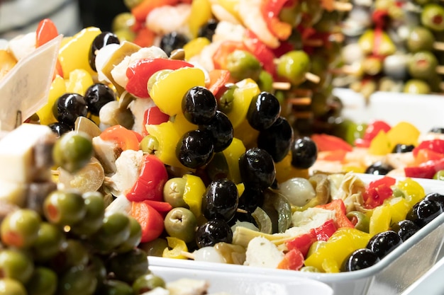 Olive skewers at the market