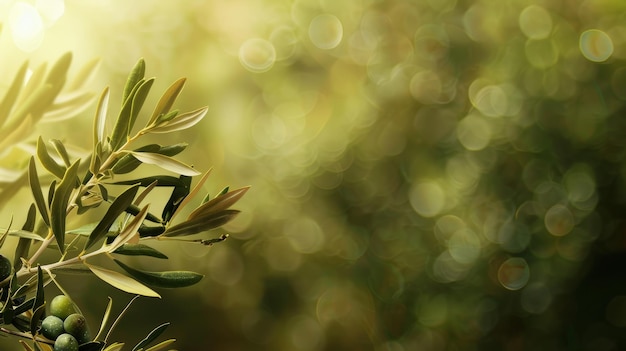 Olive tree branch with green olives and bokeh defocused background