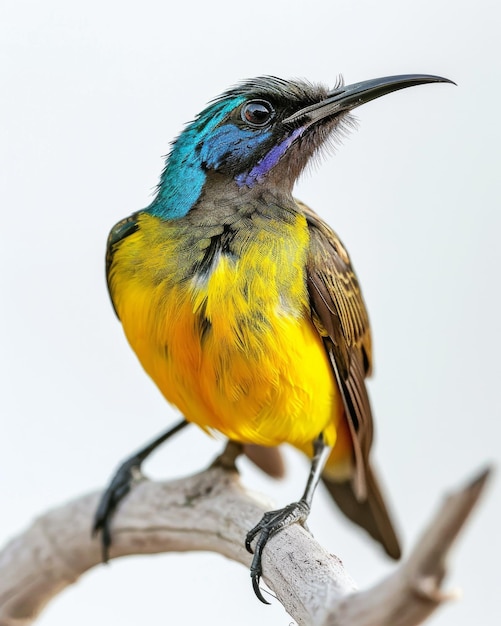 the Olivebacked Sunbird standing on small root isolated on white background