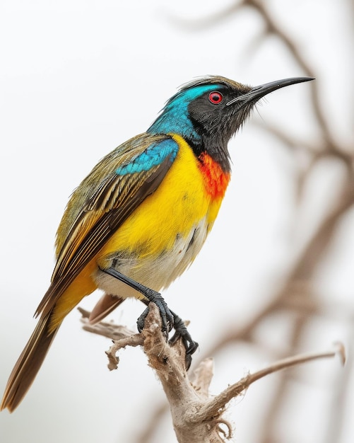 the Olivebacked Sunbird standing on small root isolated on white background