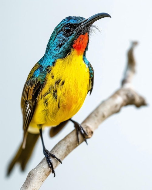 the Olivebacked Sunbird standing on small root isolated on white background