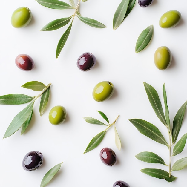 Photo olives are on a white surface with leaves and olives