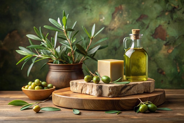 Photo olives background mockup with wood slice podium for cosmetic products and culinary recipes green color earth tones eco friendly season of olive and olive oil square top