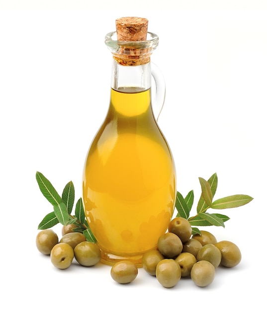 Olives and a bottle of olive oil