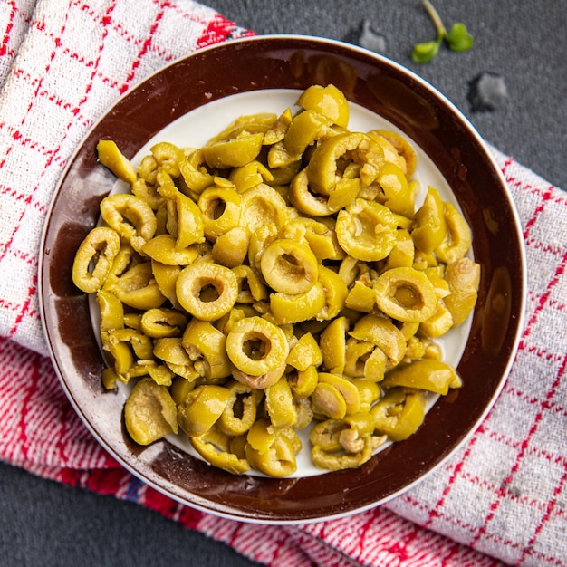 olives cut slices circles healthy meal olive food snack on the table copy space food background