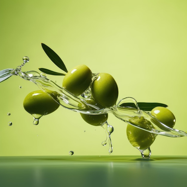 Olives oil floating on a green background