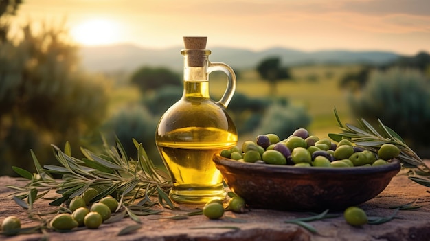 Olives and olive oil in a bottle on the background of the evening olive grove