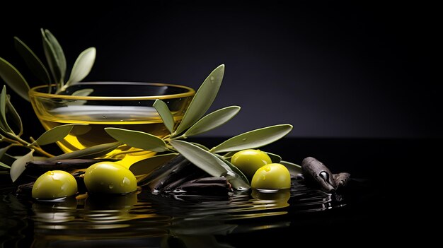 Photo olives and olive oil floating background