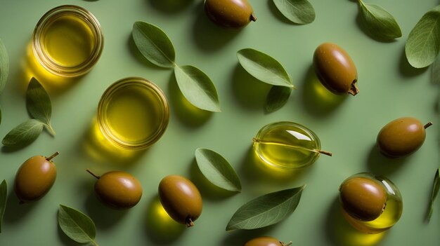 Olives and olive oil floating on a green background