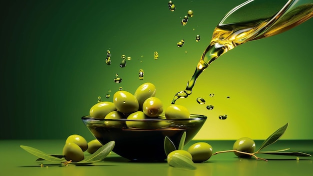 Olives and olive oil floating on a green background