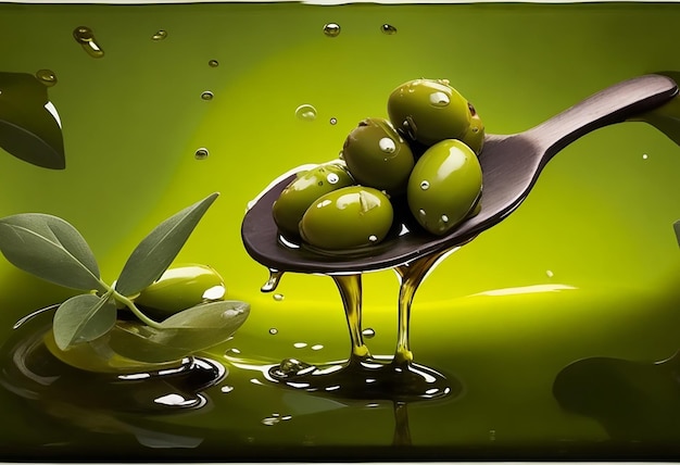 Olives and olive oil floating on a green background