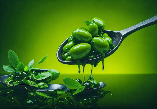 Olives and olive oil floating on a green high quality background