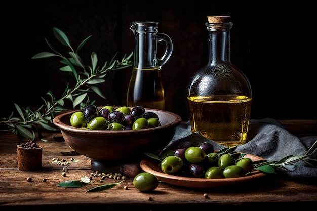 Olives and olives on a table with olive oil and olives