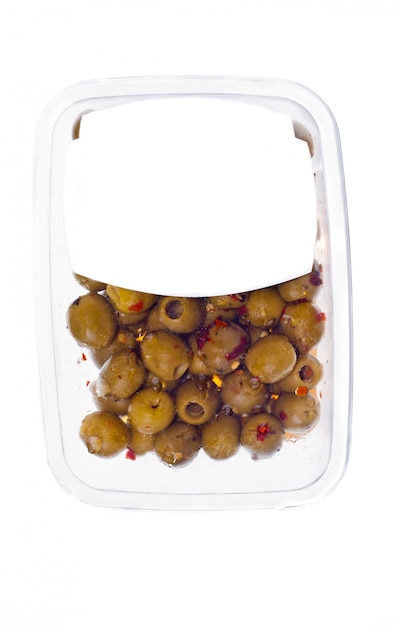 Olives in plastic box surface