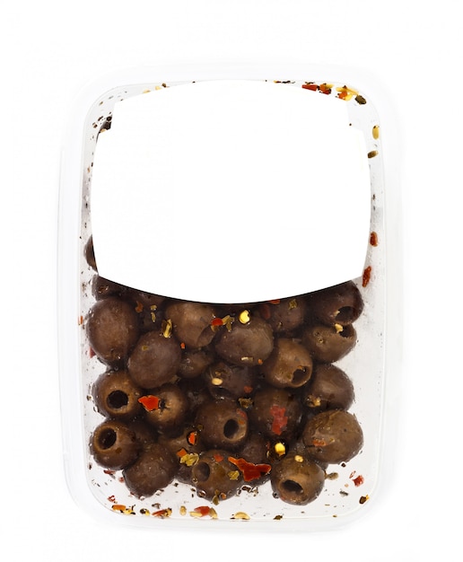 Olives in plastic box surface