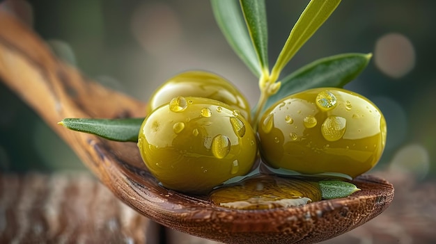 Olives on wooden spoon