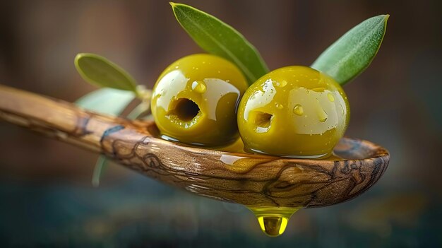 Olives on wooden spoon