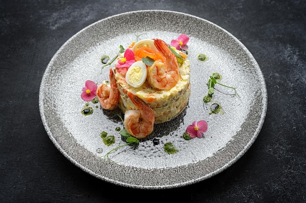 Olivier salad with shrimp and salmon on a plate