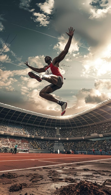 Olympic Athlete Leaping in Triple Jump Event Amidst Packed Stadium