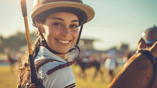 Olympic Paris 2024 sport Focus a beauty polo player happy face and looking at camera on the center with hold up a torch cup with blur polo stadium background winner concept