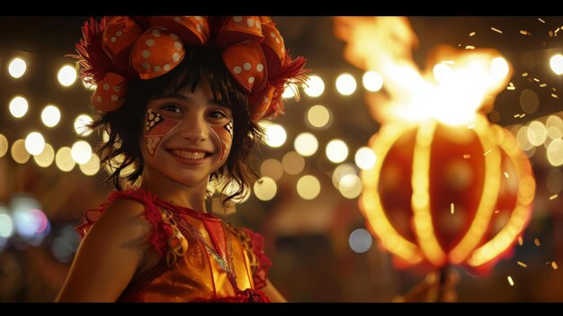 Olympic Paris 2024 sport Focus a cute tetherball player tetherball costume happy face and looking at camera on the center with fire in the back her with blur tetherball stadium background