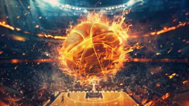 Olympic Paris 2024 Sport Focus a flying basketball on fire in the center with blur basketball stadium background