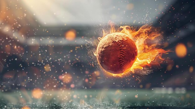 Olympic Paris 2024 Sport Focus a flying field hockey ball on fire in the center with blur field hockey stadium background