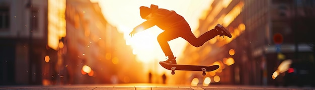 Olympic Paris Skateboarder performing a trick on a city street at sunset board in midair hyperrealistic dramatically backlit by the setting sun