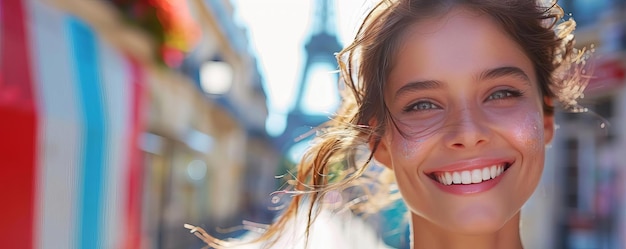 Olympic Paris sport Focus on a happy face woman smiling looking at the camera and wearing makeup in the color of the France flag with Eiffel Tower background on the left side free space photography