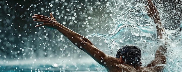 Olympic Paris Swimmer celebrating victory in the pool water splashing around as they punch the air light painting style