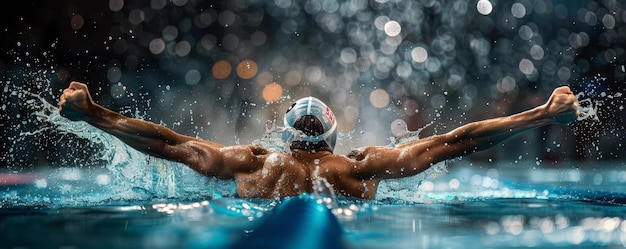 Olympic Paris Swimmer celebrating victory in the pool water splashing around as they punch the air light painting style