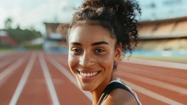 Olympic Winner Paris 2024 Track and field Focus on a female sprinter Hispanic 20s smiling and looking at the camera preparing to race on a track with a stadium background empty space center for text