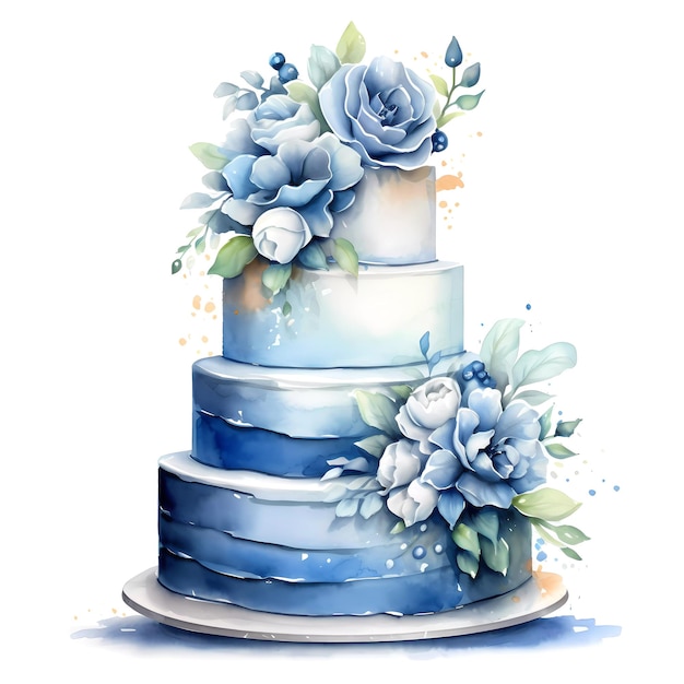 Ombre wedding cake with blue flowers and splatter detail