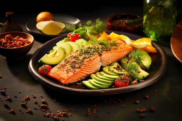 Omega3 rich feast vibrant plate with salmon fillet flaxseed crackers and avocado slices