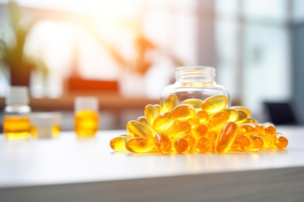 Omega3 supplement showcase elegant glass bottles filled with fish oil capsules