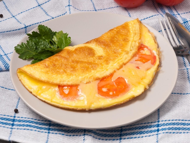 Omelet with tomatoes and cheese decorated with herbs concept breakfast