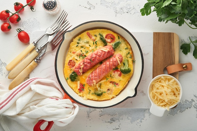 Omelette or frittata with two sausages melted cheese cherry tomatoes broccoli and parsley on red skillet or iron pan on white old concrete background Healthy breakfast food concept Top view