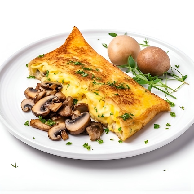 Omelette with mushrooms and herbs on a white plate isolated