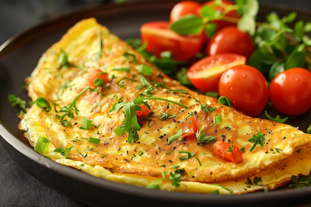 Omelette with tomatoes and herbs for breakfast on plate