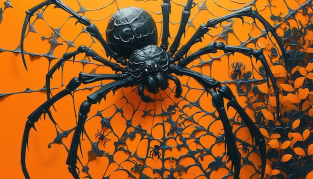 Photo ominous black spiders on intricate webs silhouetted against a vivid orange backdrop creating a chilling yet festive halloween scene