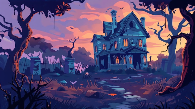 An ominous looking spooky haunted house in the forest at dusk